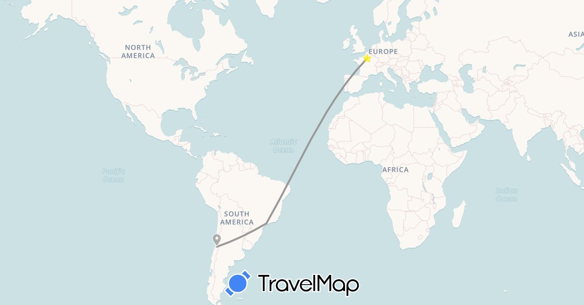 TravelMap itinerary: driving, plane in Brazil, Chile, France (Europe, South America)